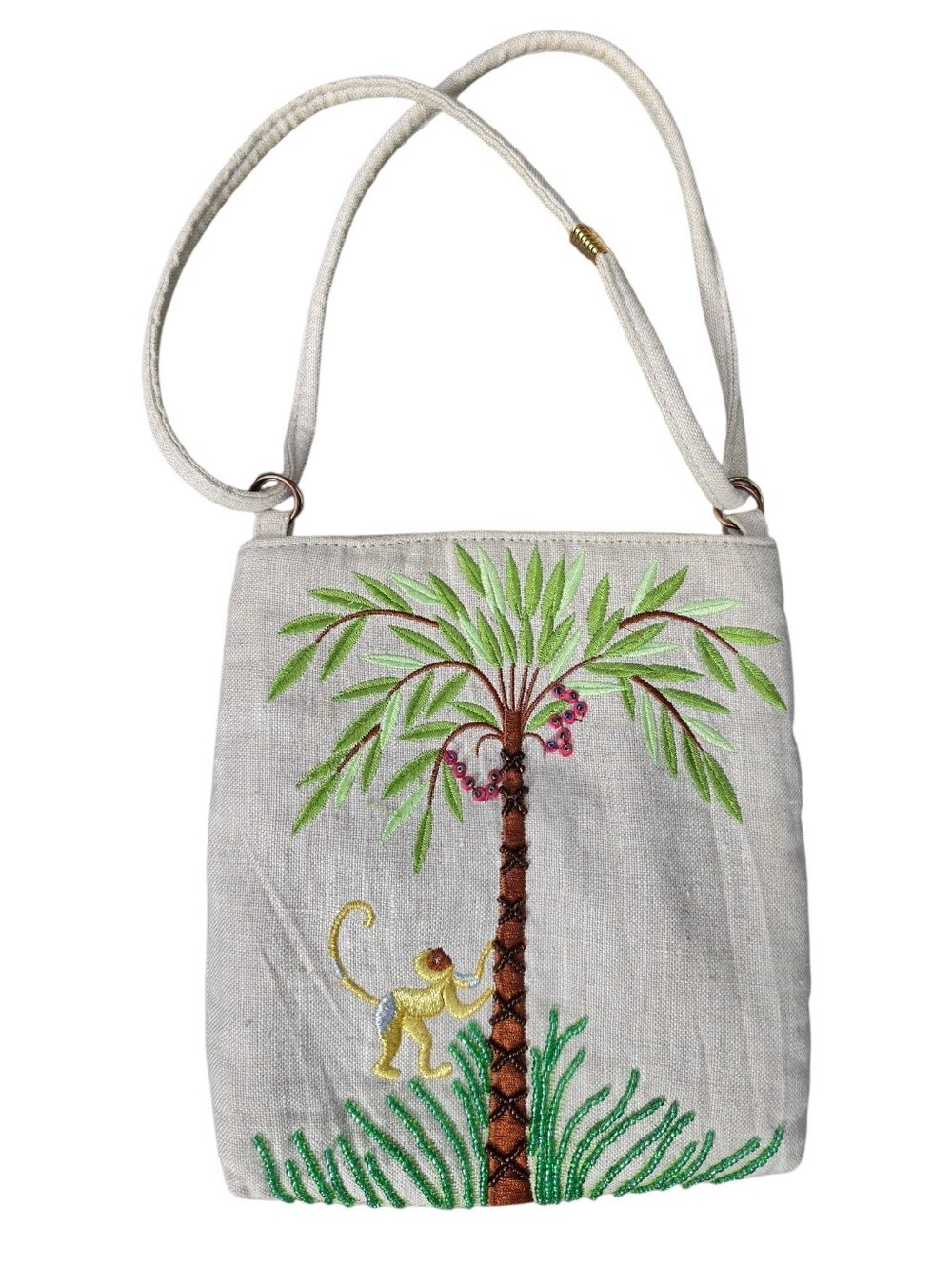 Vintage Diane Gilman Linen Embroidered Monkey Palm Tree Bag